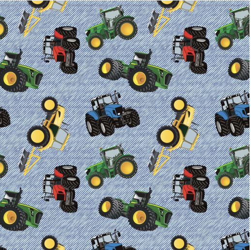 Tractors in red green and blue on a grey background pattern